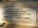 Allan William JEFFERY b: 17 Sep 1948 d: 19 Sep 1993 father of Brett, Mylie, Tabatha, Daimon  Exmouth Cemetery, WA  
