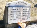 parents; Anna M.E. BERDEROW, died 20 April 1925 aged 67 years; Wilhelm J. BERDEROW, died 30 Oct 1928 aged 70 years; Fernvale General Cemetery, Esk Shire 