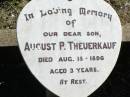 August P. THEUERKAUF, son, died 18 Aug 1896 aged 3 years; Fernvale General Cemetery, Esk Shire 