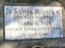 Beryl J. HECK, daughter, died 21 Nov 1930 aged 5 years; Fernvale General Cemetery, Esk Shire 