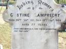 
Gustine LAMPRECHT,
born 26 Nov 1831 died 18 Nov 1908 aged 77 years;
Ludwig LAMPRECHT,
died 6 Aug 1917 aged 85 years;
Fernvale General Cemetery, Esk Shire
