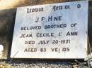 J.E. HINE, brother of Jean, Cecile & Ann; died 20 July 1971 aged 63 years; Fernvale General Cemetery, Esk Shire 