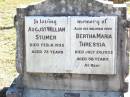 August William STUMER, died 8 Feb 1935 aged 73 years; Bertha Maria Thressia, wife, died 26 July 1935 aged 58 years; Fernvale General Cemetery, Esk Shire 