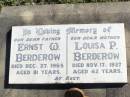 Ernest W. BERDEROW, father, died 27 Dec 1965 aged 81 years; Louisa P. BERDEROW, mother, died 17 Nov 1937 aged 42 years; Fernvale General Cemetery, Esk Shire 