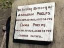 Abraham PHELPS, died 22 Sept 1902 aged 54 years; Emma PHELPS, died 16 Dec 1934 aged 92 years; Fernvale General Cemetery, Esk Shire 