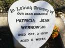 Patricia Jean WERNOWSKI, daughter, died 3 Oct 1952 aged 6 weeks; Fernvale General Cemetery, Esk Shire 