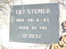 
Lily STUMER,
died 28-6-83 aged 74 years;
Fernvale General Cemetery, Esk Shire
