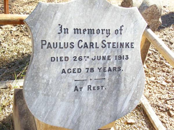 Paulus Carl STEINKE,  | died 26 June 1913 aged 78 years;  | Fernvale General Cemetery, Esk Shire  | 