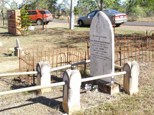 Anna Maria Machlina MATHIAS,  | died 13 Nov 1893 aged 19 years 9 months;  | Edmond, infant son, aged 2 days;  | Fernvale General Cemetery, Esk Shire  | 