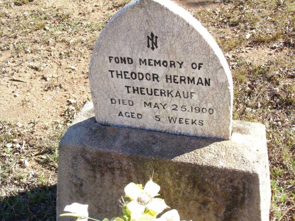Theodor Herman THEUERKAUF,  | died 25 May 1900 aged 5 weeks;  | Fernvale General Cemetery, Esk Shire  | 
