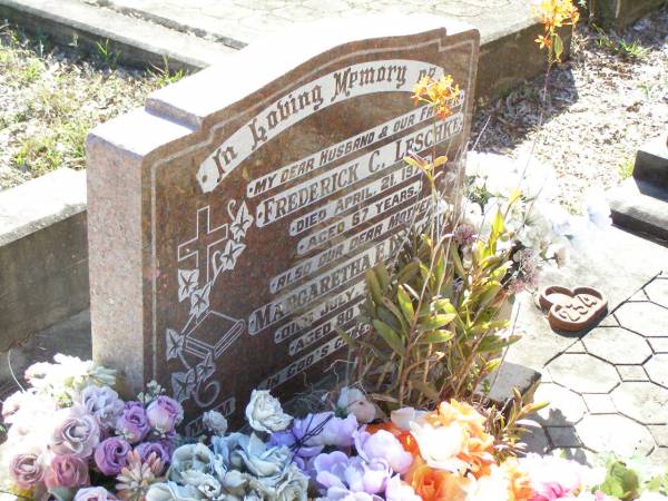 Frederick C. LESCHKE,  | husband father,  | died 21 April 1971 aged 67 years;  | Margaretha E. LESCHKE, mother,  | died 27 July 1987 aged 80 years;  | Fernvale General Cemetery, Esk Shire  | 