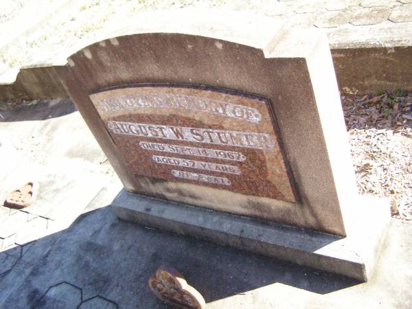 August W. STUMER,  | died 14 Sept 1967 aged 57 years;  | Fernvale General Cemetery, Esk Shire  | 