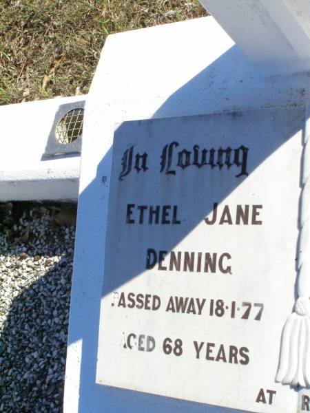 Ethel Jane DENNING.  | died 18-1-77 aged 68 years;  | Samuel Arnold DENNING,  | died 16-5-75 aged 69 years;  | Fernvale General Cemetery, Esk Shire  | 