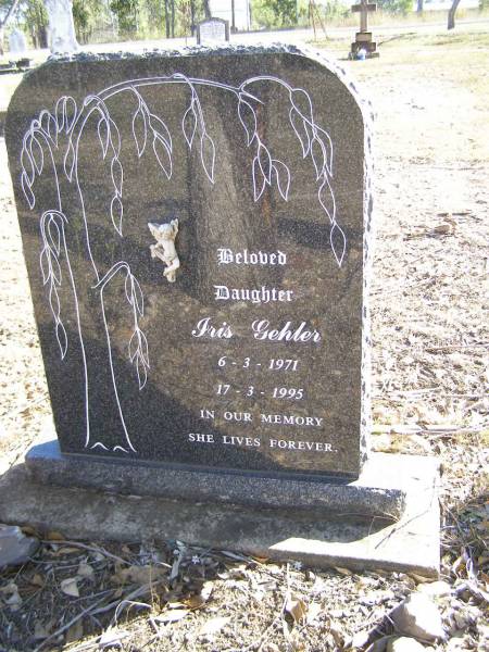 Iris GEHLER, daughter,  | 6-3-1971 - 17-3-1995;  | Fernvale General Cemetery, Esk Shire  | 