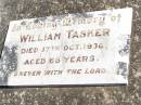 
William TASKER,
died 17 Oct 1938 aged 68 years;
Lucinda Miriam TASKER,
died 1 Feb 1966 aged 86 years;
Forest Hill Cemetery, Laidley Shire

