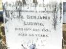 
Carl Benjamin LUDWIG, husband father,
died 16 Dec 1931 aged 54 years;
Forest Hill Cemetery, Laidley Shire
