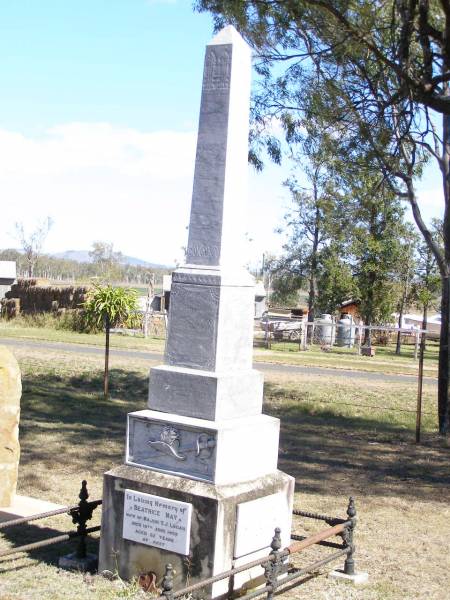 T.J. LOGAN, husband,  | killed in action Quinn's Post Gallipoli  | 7 Aug 1915;  | Percy, infant son,  | died 23 Sept 1908;  | erected by wife & children;  | Beatrice May, wife of T.J. LOGAN,  | died 18 June 1959 aged 82 years;  | Robert Stoddart,  | 1909 - 1975,  | son of T.J.& B.M. LOGAN,  | husband of Myrtle,  | father of Patricia, Annette, Roberta & Judith;  | Forest Hill Cemetery, Laidley Shire  | 