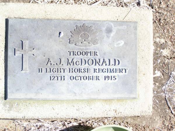 A.J.MCDONALD,  | died 12 Oct 1915;  | Forest Hill Cemetery, Laidley Shire  | 
