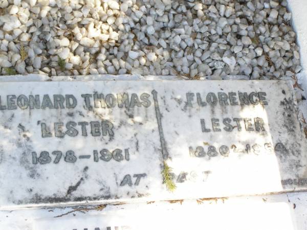 Leonard Thomas LESTER,  | 1878 - 1961;  | Florence LESTER,  | 1880 - 1954;  | Forest Hill Cemetery, Laidley Shire  | 