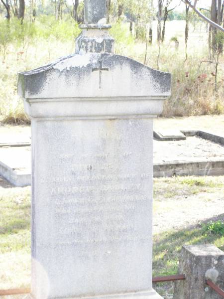 Bridget, wife of Andrew HAWLEY,  | born Kilkie Co. Claire Ireland,  | died 26 Jan 1918 aged 76 years;  | Forest Hill Cemetery, Laidley Shire  | 