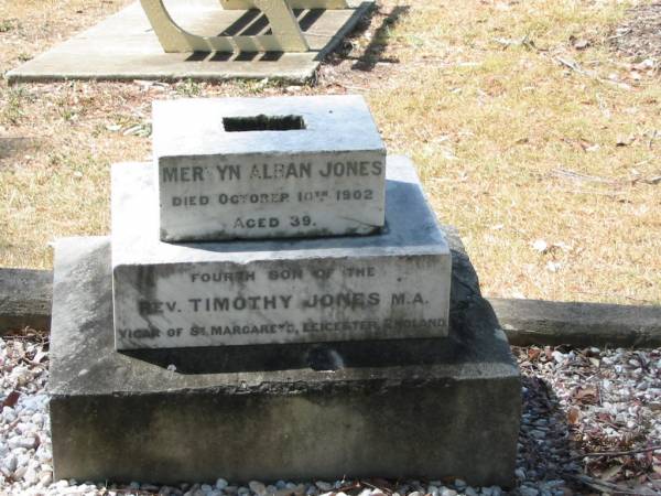 Mervyn Alban Jones  | 10 Oct 1902 aged 39  | fourth son of  | Rev. Timothy JONES  |   | Francis Look-out burial ground, Corinda, Brisbane  | 