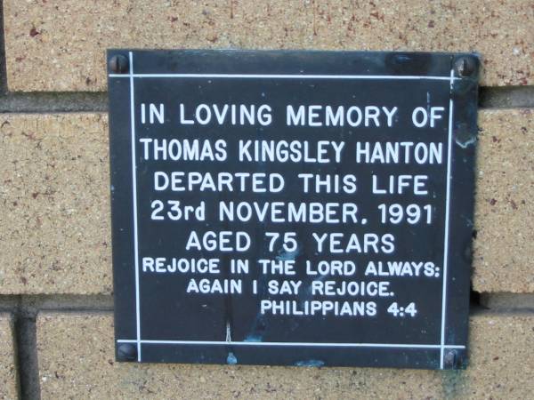 Thomas Kingsley HANTON  | 23 Nov 1991  | aged 75  |   | The Gap Uniting Church, Brisbane  | 