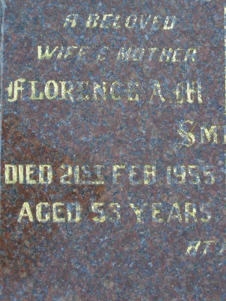 Florence A.M. SMITH, wife mother,  | died 21 Feb 1955 aged 53 years;  | Bertram J. SMITH, father pop,  | died 22 Jan 1990 aged 84 years;  | Gheerulla cemetery, Maroochy Shire  | 