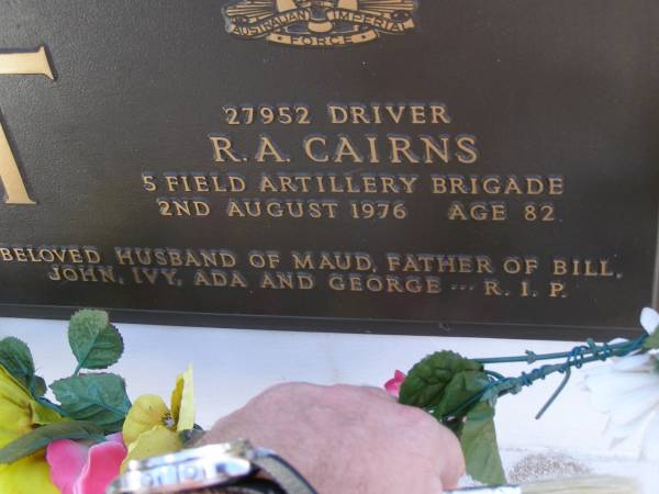 Alice Maud CAIRNS, wife mother,  | died 24-1-195 aged 79 years;  | R.A. CAIRNS,  | died 2 Aug 1976 aged 82 years,  | husband of Maud,  | father of Bill, John, Ivy, Ada & George;  | John CAIRNS,  | 11-1-20 - 16-6-99,  | son husband father;  | Gheerulla cemetery, Maroochy Shire  | 