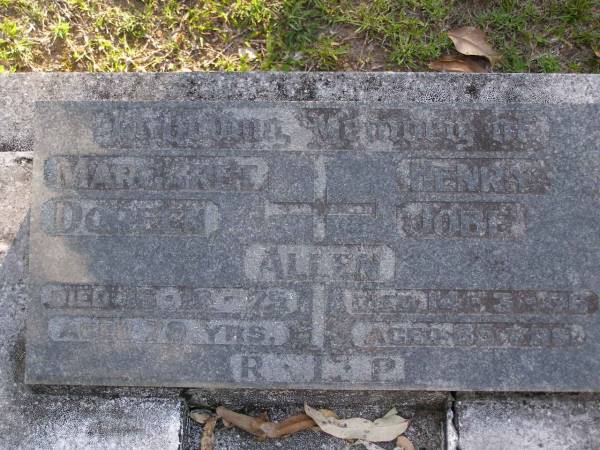 Margaret Doreen ALLEN,  | died 16-12-75 aged 79 years;  | Henry Jobe ALLEN,  | died 14-3-76 aged 85 years;  | Gheerulla cemetery, Maroochy Shire  | 