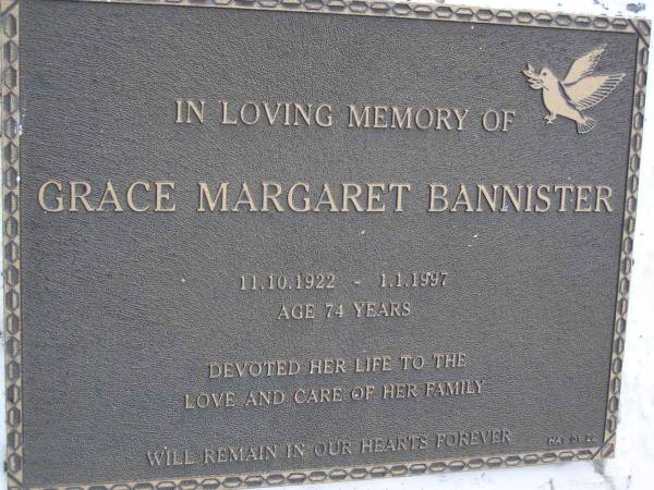 Grace Margaret BANNISTER,  | 11-10-1922 - 1-1-1997 aged 74 years;  | Gheerulla cemetery, Maroochy Shire  | 