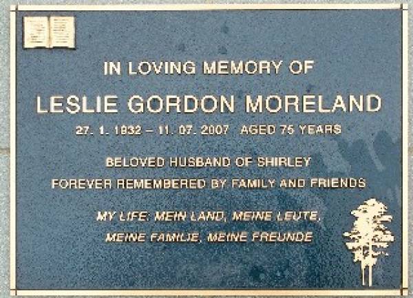 Leslie Gordon Moreland  | 27.1.1932 - 11.07.2007 aged 75  | husband of Shirley  | Gheerulla cemetery, Maroochy Shire  | Copyright: Meldrums of Gheerulla  | 