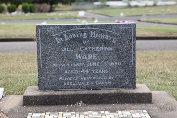 Jill Catherine WARE  | d: 13 Jun 1980 aged 44  | remembered by Noel, Dale, Daryn  | Burial ID (left/south) 3905A  | Plot location (left/south) Position 65 Row 7 Section D  |   | Gladstone Cemetery  | Copyright 2021 Hoylen Sue  |   | 