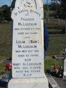 
Francis MCLOUGHLIN, died 3 Oct 1923 aged 64 years;
Lelia (Bub) MCLOUGHLIN, died 31 May 1921 aged 23 years;
Mary MCLOUGHLIN, died 11 Dec 1949 aged 86 years;
Glamorgan Vale Cemetery, Esk Shire
