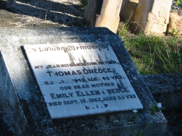 Thomas DREDGE; 5 May 1952; aged 65  | Emily Ellen DREDGE; 19 Sep 1962; aged 83  | Glamorgan Vale Cemetery, Esk Shire  | 