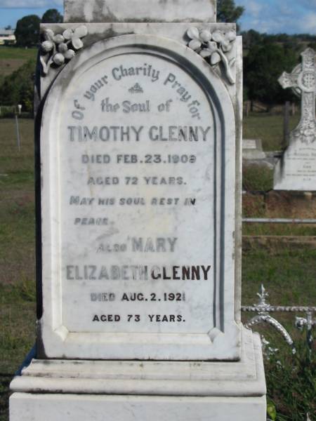 Timothy GLENNY died 23 Feb 1909 aged 72 years;  | Mary Elizabeth GLENNY died 2 Aug 1921 aged 73 years;  | Glamorgan Vale Cemetery, Esk Shire  | 