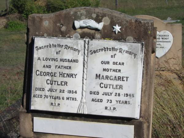 George Henry CUTLER, died 22 July 1934 aged 70 years 6 months, husband father;  | Margaret CUTLER, died 28 July 1945 aged 73 years, mother;  | Glamorgan Vale Cemetery, Esk Shire  | 