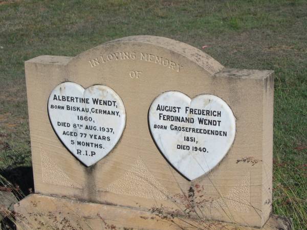 Albertine WENDT, born Biskau, Germany 1960, died 8 Aug 1937 aged 77 years 5 months;  | August Frederich Ferdinand WENDT, born Grosefreedenden 1851, died 1940;  | Glamorgan Vale Cemetery, Esk Shire  | 