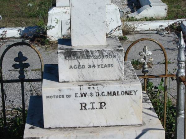Sarah M. MALONEY, died 25 Mary 1906 aged 34 years, mother of E.W. & D.G. MALONEY;  | Glamorgan Vale Cemetery, Esk Shire  | 