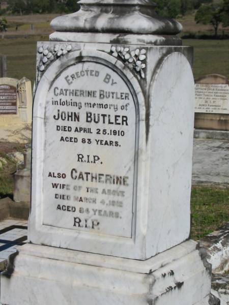 John BUTLER, died 25 April 1910 aged 83 years;  | Catherine BUTLER, died 4 Mar 1912 aged 84 years, wife;  | Glamorgan Vale Cemetery, Esk Shire  | 