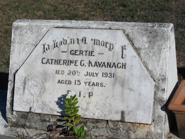 (Gertie) Catherine G KAVANAGH; 20 Jul 1931; aged 15  | Glamorgan Vale Cemetery, Esk Shire  | 