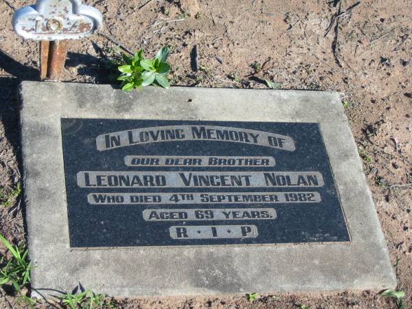 Leonard Vincent NOLAN; 4 Sep 1982; aged 69  | Glamorgan Vale Cemetery, Esk Shire  | 