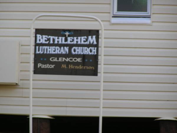 Glencoe Bethlehem Lutheran church;  | M. HENDERSON;  | Glencoe Bethlehem Lutheran cemetery, Rosalie Shire  | 