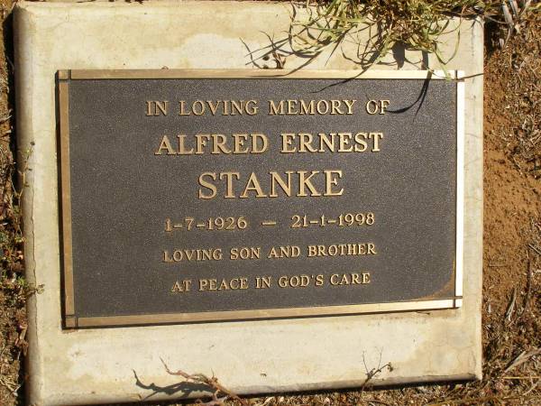 Alfred Ernest STANKE,  | 1-7-1926 - 21-1-1998,  | son brother;  | Glencoe Bethlehem Lutheran cemetery, Rosalie Shire  | 