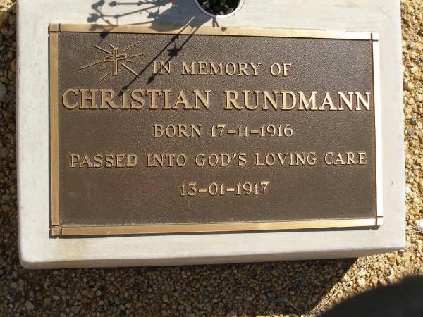 Christian RUNDMANN,  | born 17-11-1916,  | died 13-01-1917;  | Glencoe Bethlehem Lutheran cemetery, Rosalie Shire  | 