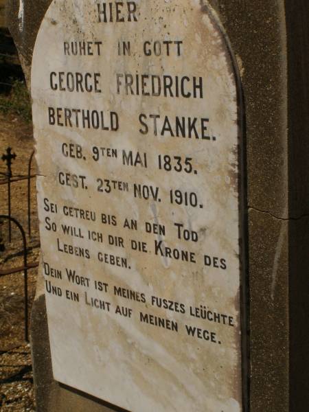 George Friedrich Berthold STANKE,  | born 9 May 1835,  | died 23 Nov 1910;  | Glencoe Bethlehem Lutheran cemetery, Rosalie Shire  | 