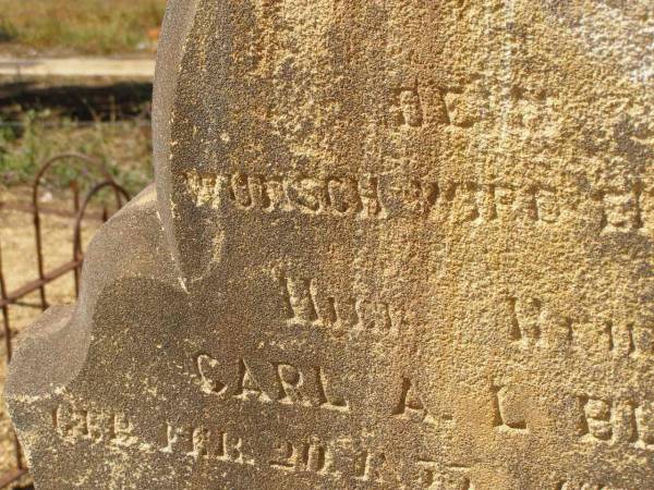 Carl A.L. BLANCK,  | born 20 Feb 1833?,  | died 12 May 1909?;  | Glencoe Bethlehem Lutheran cemetery, Rosalie Shire  | 