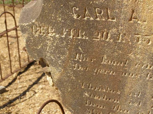 Carl A.L. BLANCK,  | born 20 Feb 1833?,  | died 12 May 1909?;  | Glencoe Bethlehem Lutheran cemetery, Rosalie Shire  | 