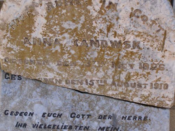 Johann KANOWSKI,  | born 31 July 1826,  | died 30 March 1909;  | Anna KANOWSKI,  | born 13? May 1826,  | died 15 Aug 1910;  | Glencoe Bethlehem Lutheran cemetery, Rosalie Shire  | 