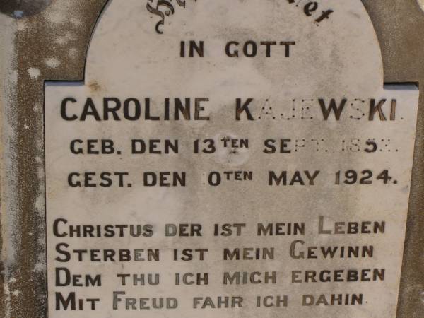 Friedrich KAJEWSKI,  | born 26 April 1854,  | died 29 April 1931;  | Caroline KAJEWSKI,  | born 13 Sept 1852,  | born 10 May 1924;  | Glencoe Bethlehem Lutheran cemetery, Rosalie Shire  | 