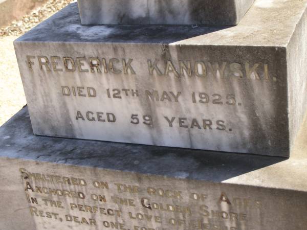 Frederick KANOWSKI,  | died 12 May 1925 aged 59 years;  | Glencoe Bethlehem Lutheran cemetery, Rosalie Shire  | 